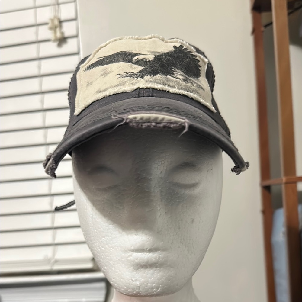 Black and Beige Distressed Cap with Eagle Design